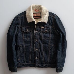 Iron & Resin Dark Blue Denim Jacket with Cream Sherpa Collar xl new with tags